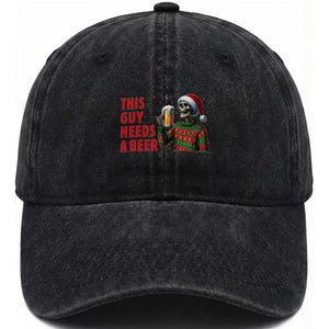 Funny Skeleton Beer Christmas Washed Cotton Baseball Cap This Guy Needs A Beer TS14 Washed Cap Universal Fit Black Print Your Wear