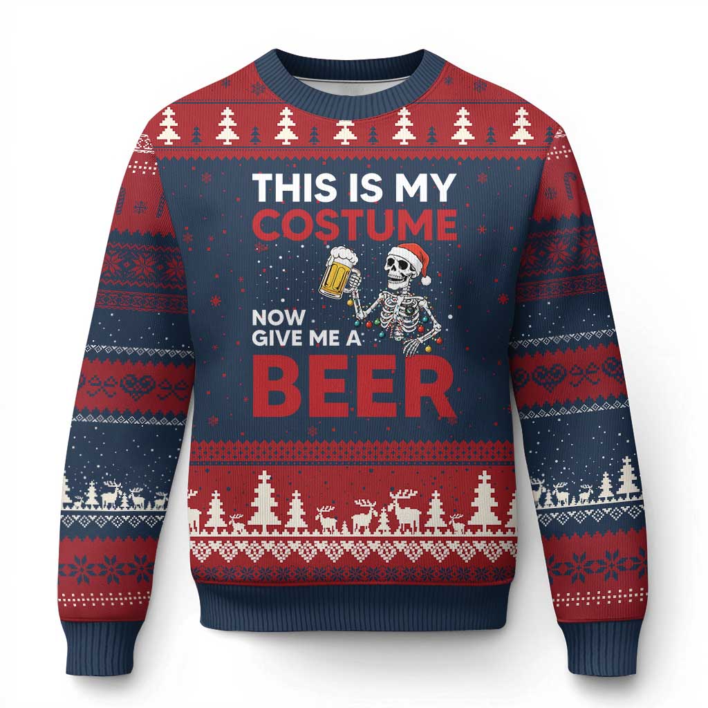 Funny Skeleton Beer Xmas Ugly Christmas Sweater This Is My Costume Now Give Me A Beer TS14 Navy Red Print Your Wear