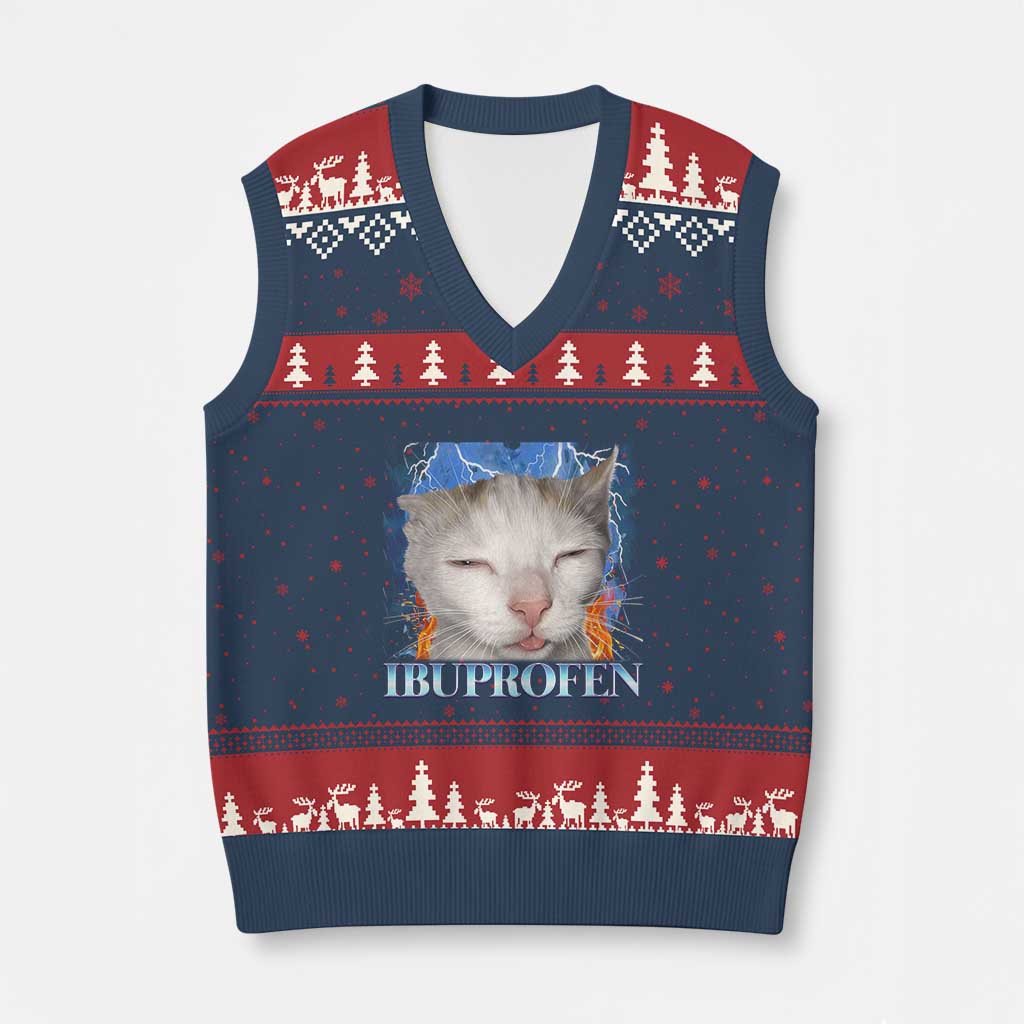 Funny Cat Meme V-Neck Knit Sweater Vest Ibuprofen Silly Kitten TS14 Navy Red Print Your Wear