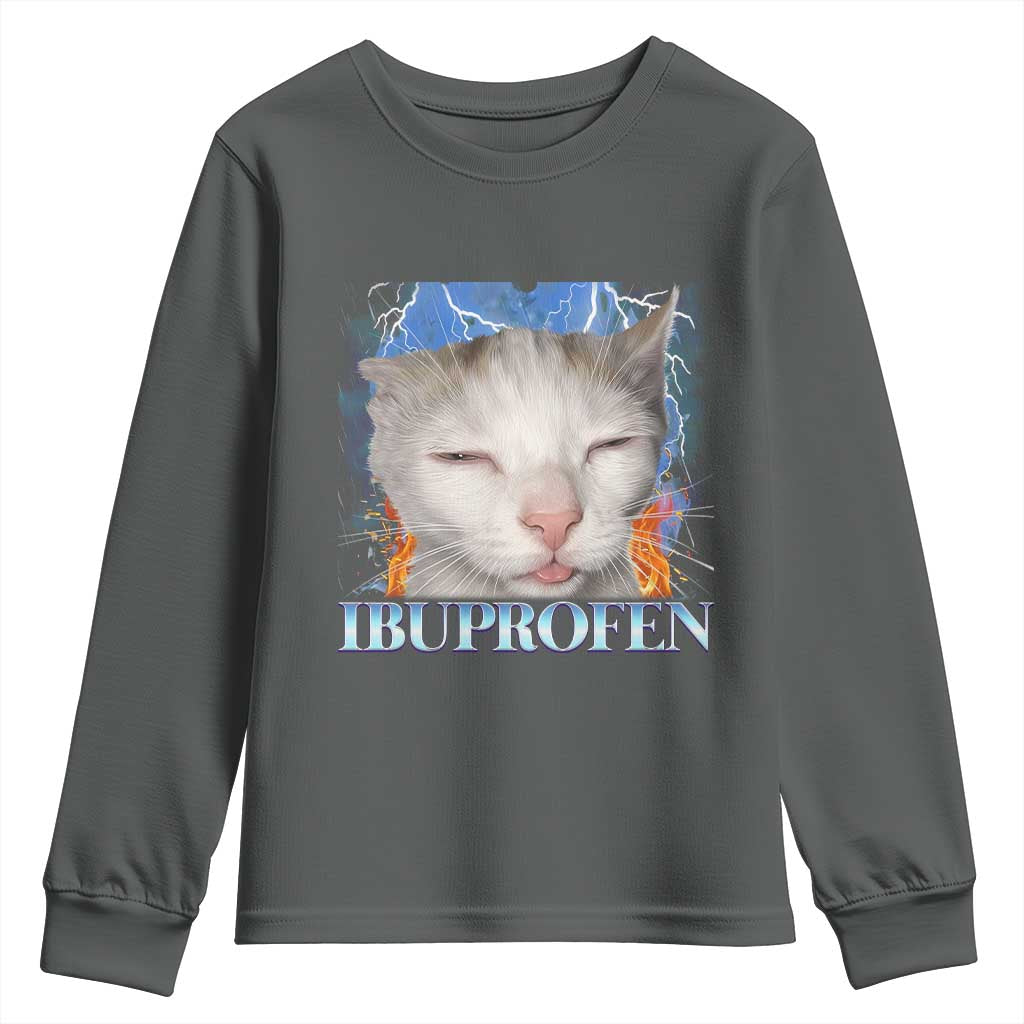 Funny Cat Meme Youth Sweatshirt Ibuprofen Silly Kitten TS14 Dark Heather Print Your Wear