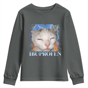 Funny Cat Meme Youth Sweatshirt Ibuprofen Silly Kitten TS14 Dark Heather Print Your Wear