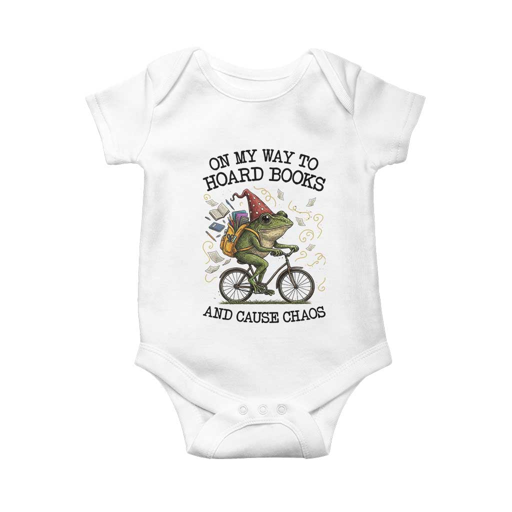 Funny Frog Meme Baby Onesie On My Way to Hoard Books and Cause Chaos TS14 White Print Your Wear