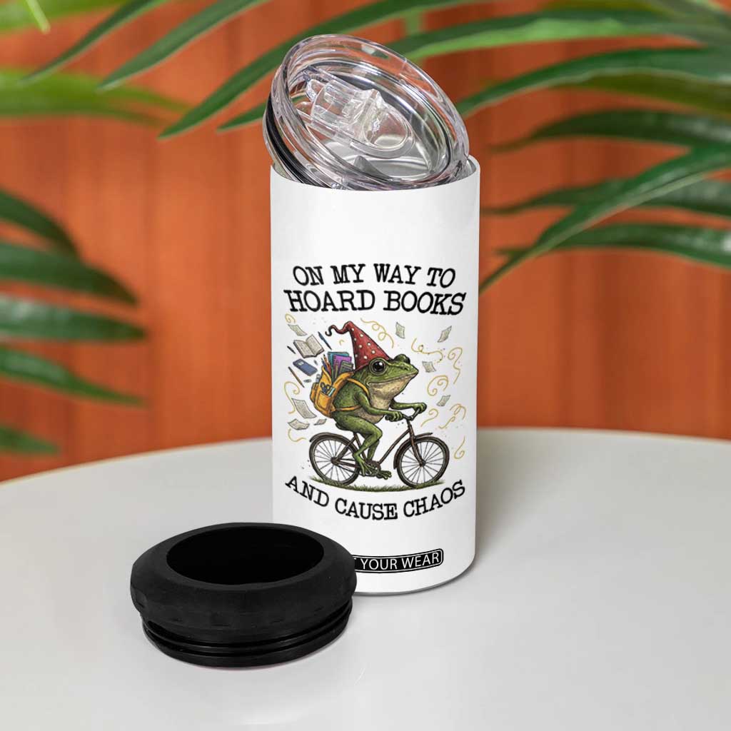 Funny Frog Meme 4 in 1 Can Cooler Tumbler On My Way to Hoard Books and Cause Chaos TS14 Print Your Wear
