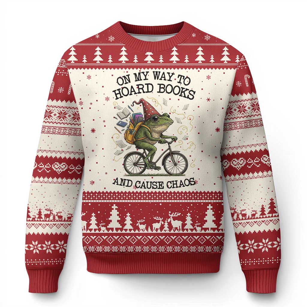 Funny Frog Meme Ugly Christmas Sweater On My Way to Hoard Books and Cause Chaos TS14 Beige Red Print Your Wear