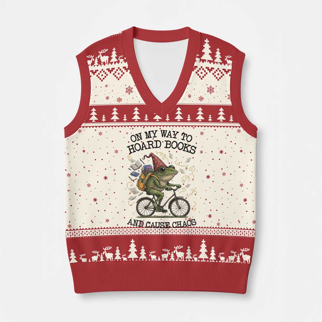 Funny Frog Meme V-Neck Knit Sweater Vest On My Way to Hoard Books and Cause Chaos TS14 Beige Red Print Your Wear