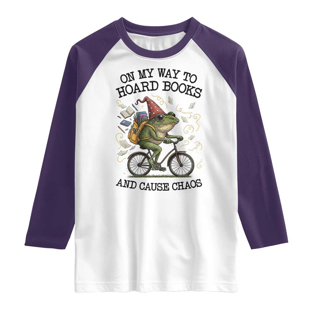 Funny Frog Meme Raglan Shirt On My Way to Hoard Books and Cause Chaos TS14 White Purple Print Your Wear