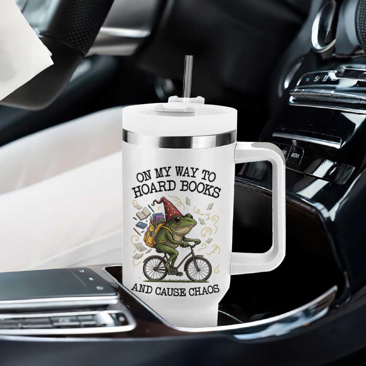 Funny Frog Meme Tumbler With Handle On My Way to Hoard Books and Cause Chaos TS14 Print Your Wear