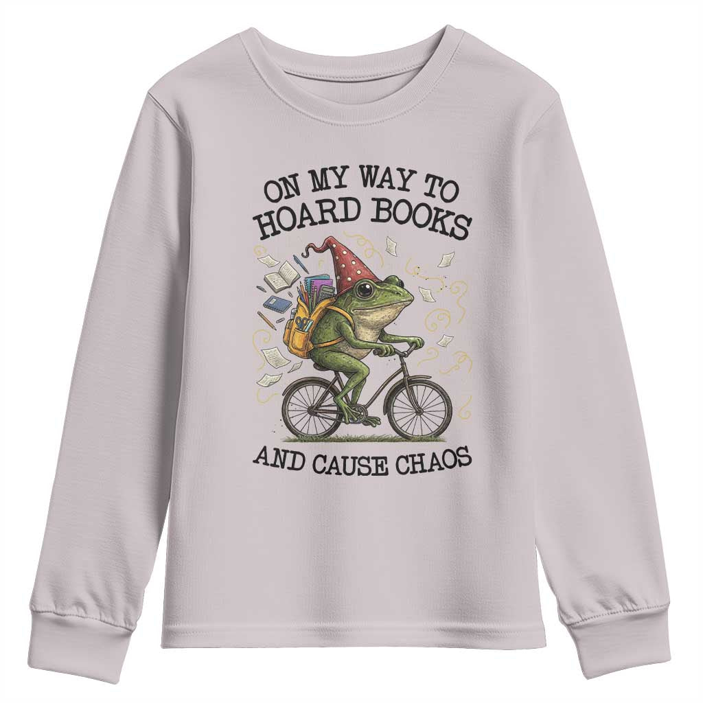 Funny Frog Meme Youth Sweatshirt On My Way to Hoard Books and Cause Chaos TS14 Ice Gray Print Your Wear
