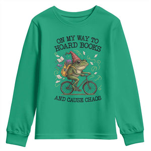 Funny Frog Meme Youth Sweatshirt On My Way to Hoard Books and Cause Chaos TS14 Irish Green Print Your Wear