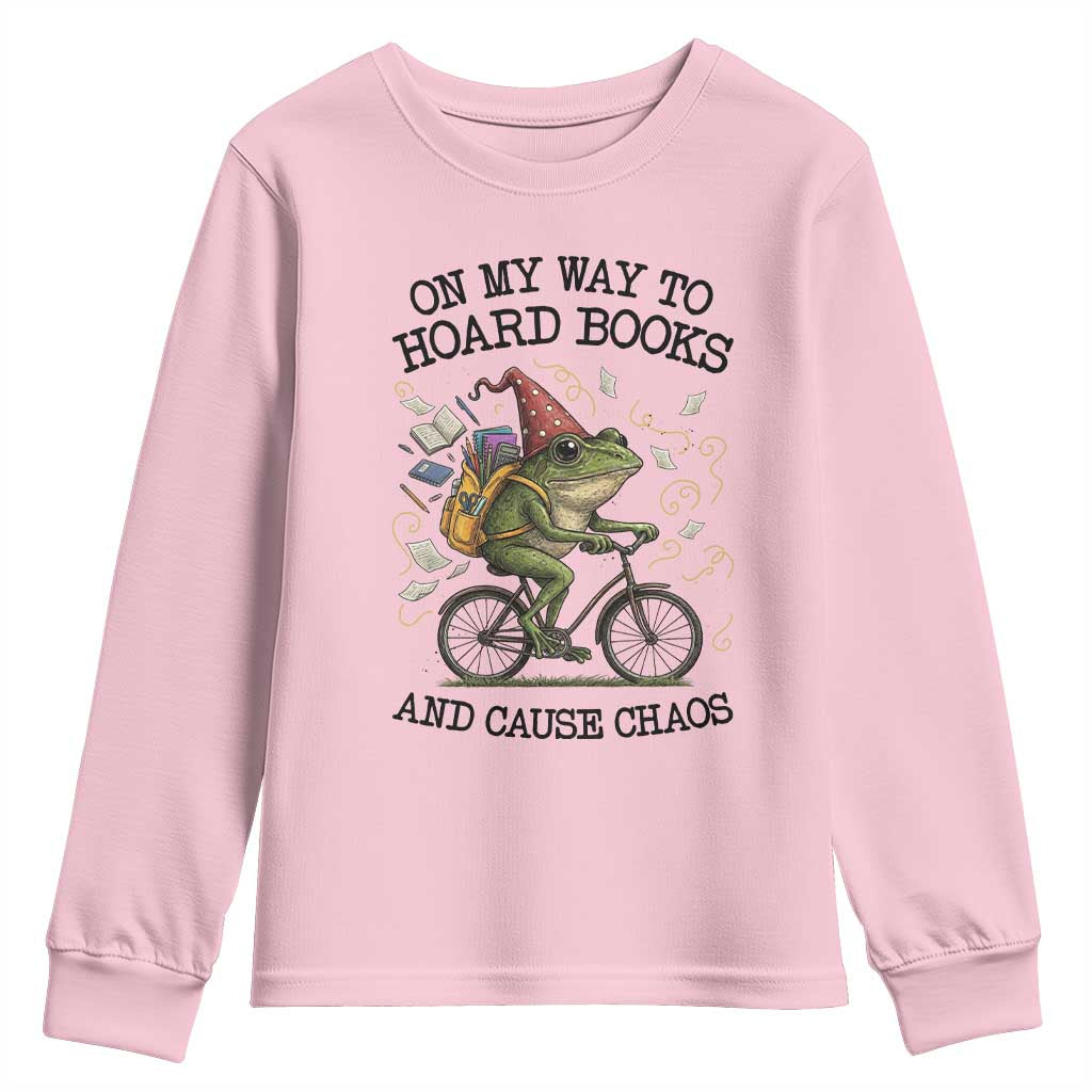 Funny Frog Meme Youth Sweatshirt On My Way to Hoard Books and Cause Chaos TS14 Light Pink Print Your Wear