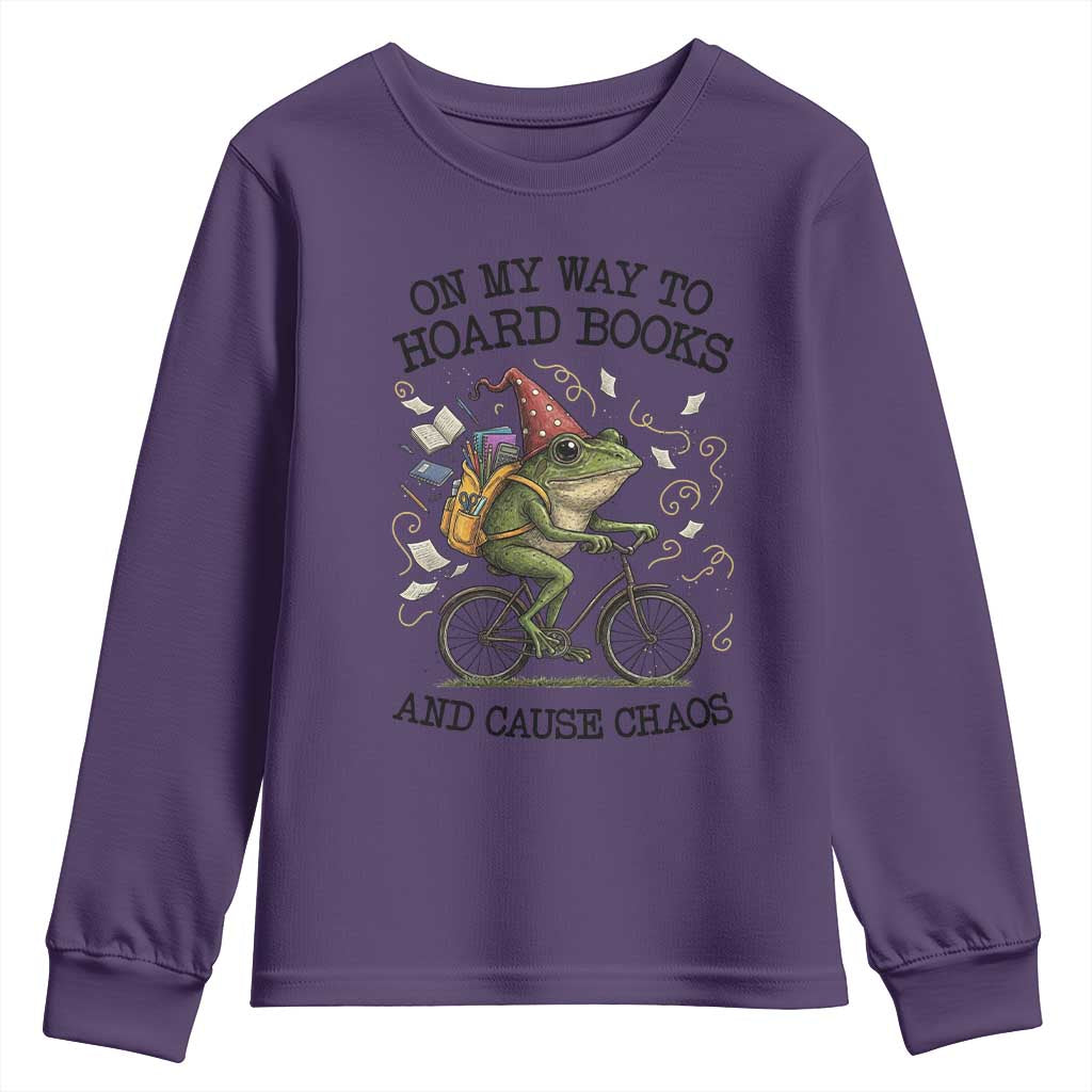 Funny Frog Meme Youth Sweatshirt On My Way to Hoard Books and Cause Chaos TS14 Purple Print Your Wear