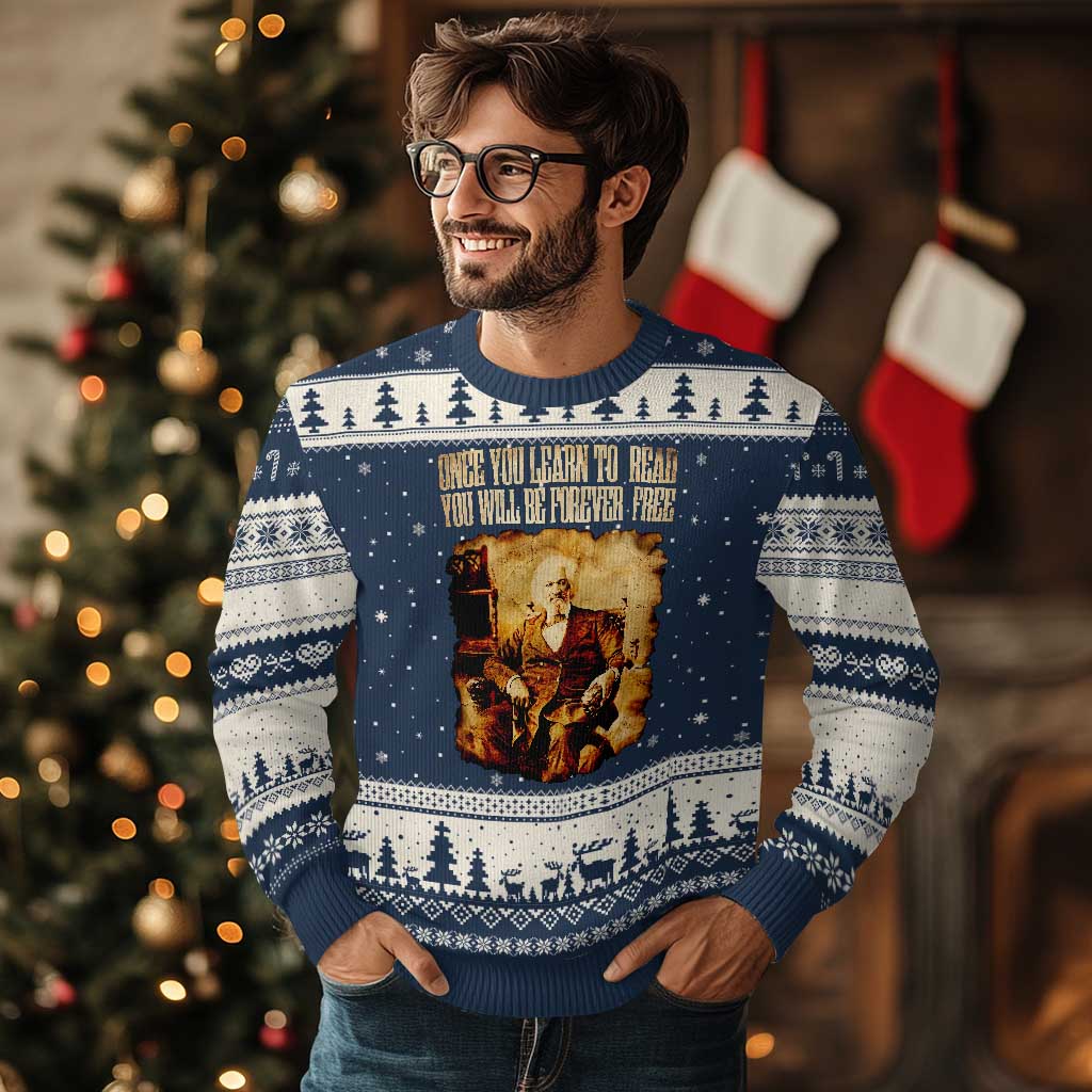 Frederick Douglass Quote Ugly Christmas Sweater Once You Learn to Read TS14 Navy Beige Print Your Wear