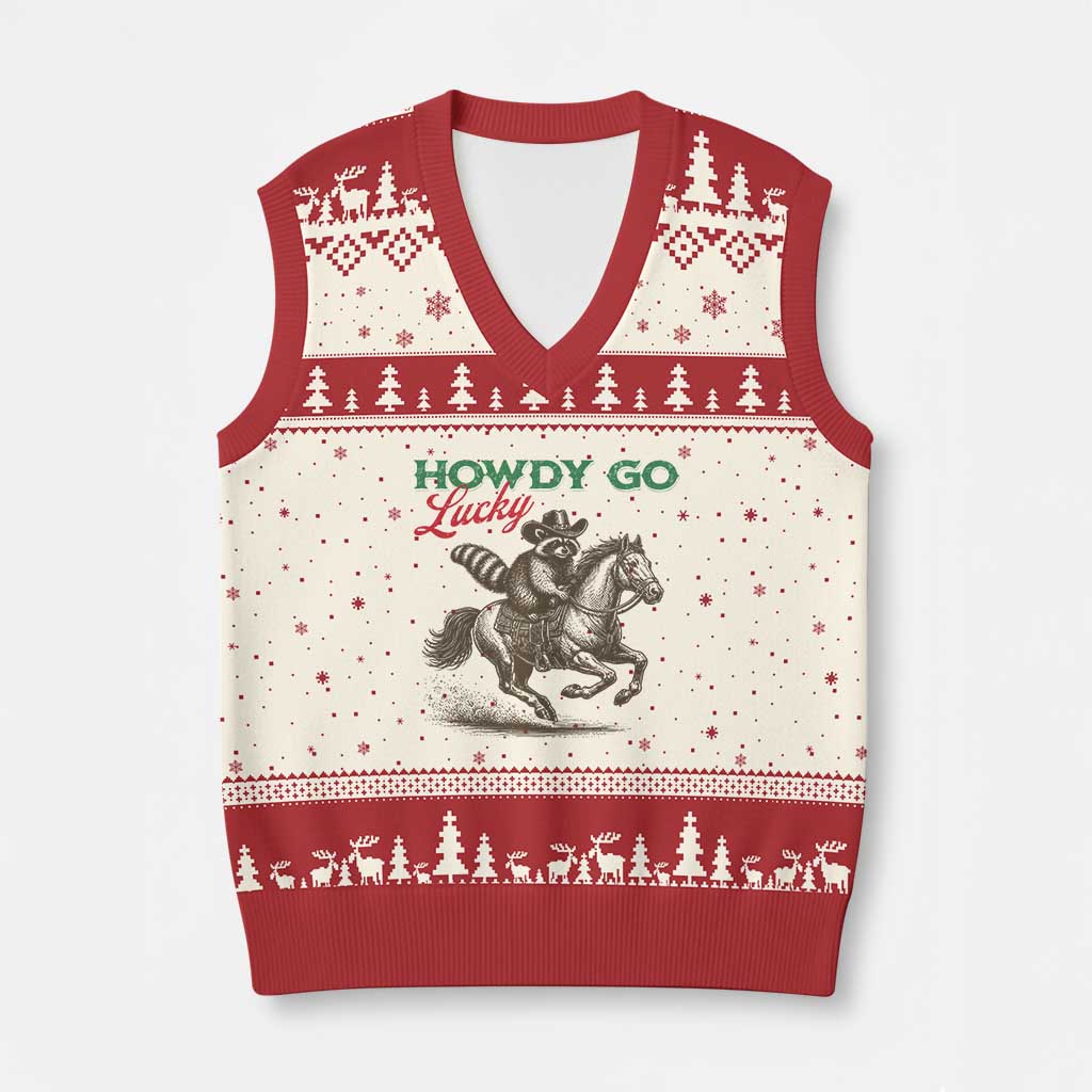 Howdy Go Lucky V-Neck Knit Sweater Vest Cowboy Raccoon St Patrick's Day TS14 Beige Red Print Your Wear