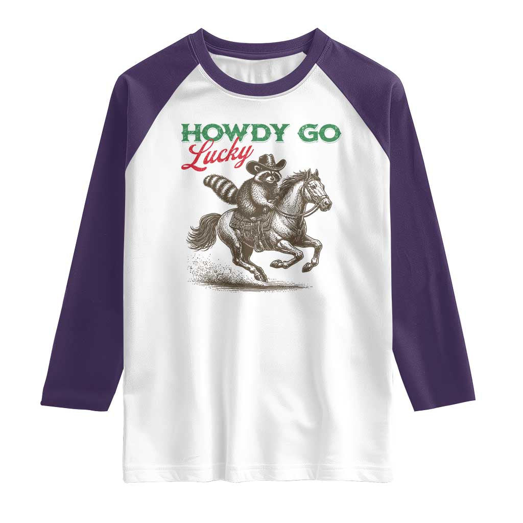 Howdy Go Lucky Raglan Shirt Cowboy Raccoon St Patrick's Day TS14 White Purple Print Your Wear