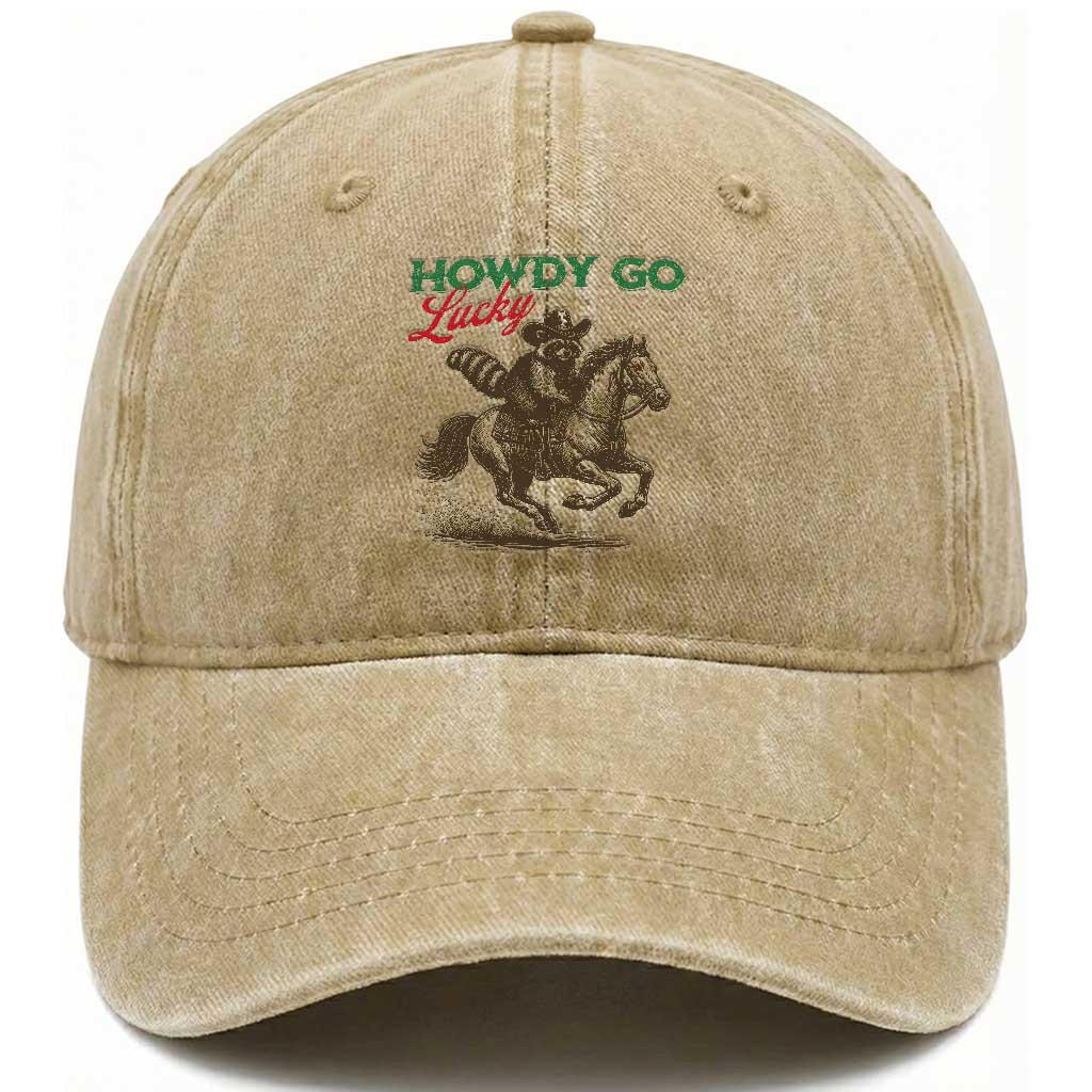 Howdy Go Lucky Washed Cotton Baseball Cap Cowboy Raccoon St Patrick's Day TS14 Washed Cap Universal Fit Khaki Print Your Wear