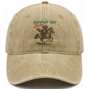 Howdy Go Lucky Washed Cotton Baseball Cap Cowboy Raccoon St Patrick's Day TS14 Washed Cap Universal Fit Khaki Print Your Wear