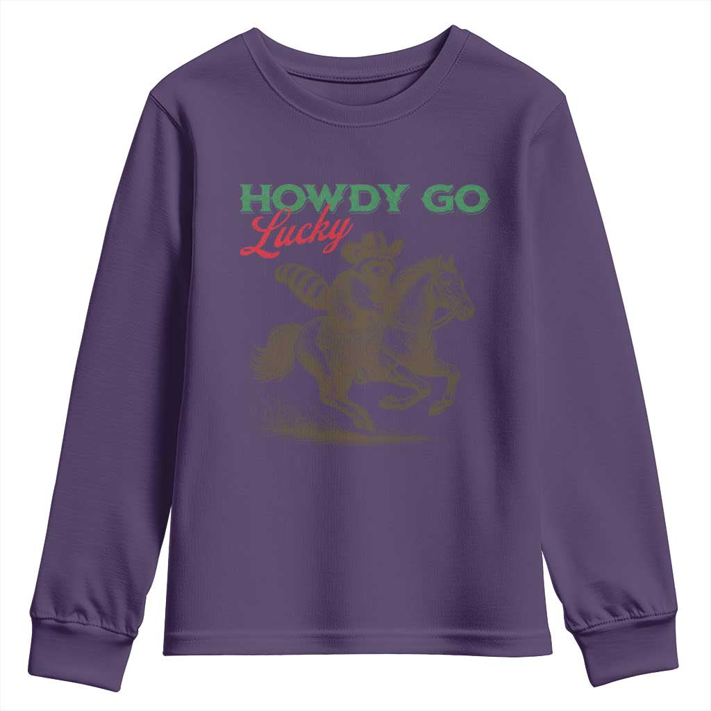 Howdy Go Lucky Youth Sweatshirt Cowboy Raccoon St Patrick's Day TS14 Purple Print Your Wear