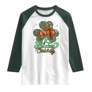 Lucky Cowboy Western Raglan Shirt Funny St Patrick's Day TS14 White Dark Forest Green Print Your Wear