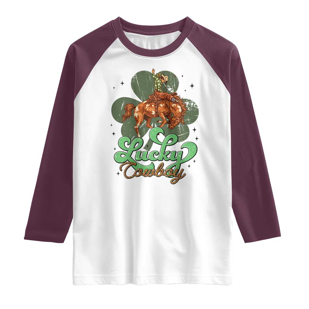 Lucky Cowboy Western Raglan Shirt Funny St Patrick's Day TS14 White Maroon Print Your Wear
