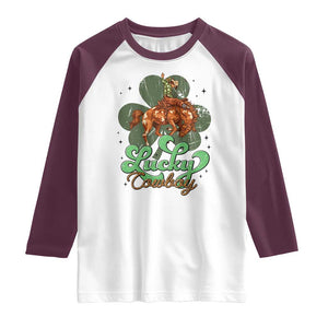 Lucky Cowboy Western Raglan Shirt Funny St Patrick's Day TS14 White Maroon Print Your Wear