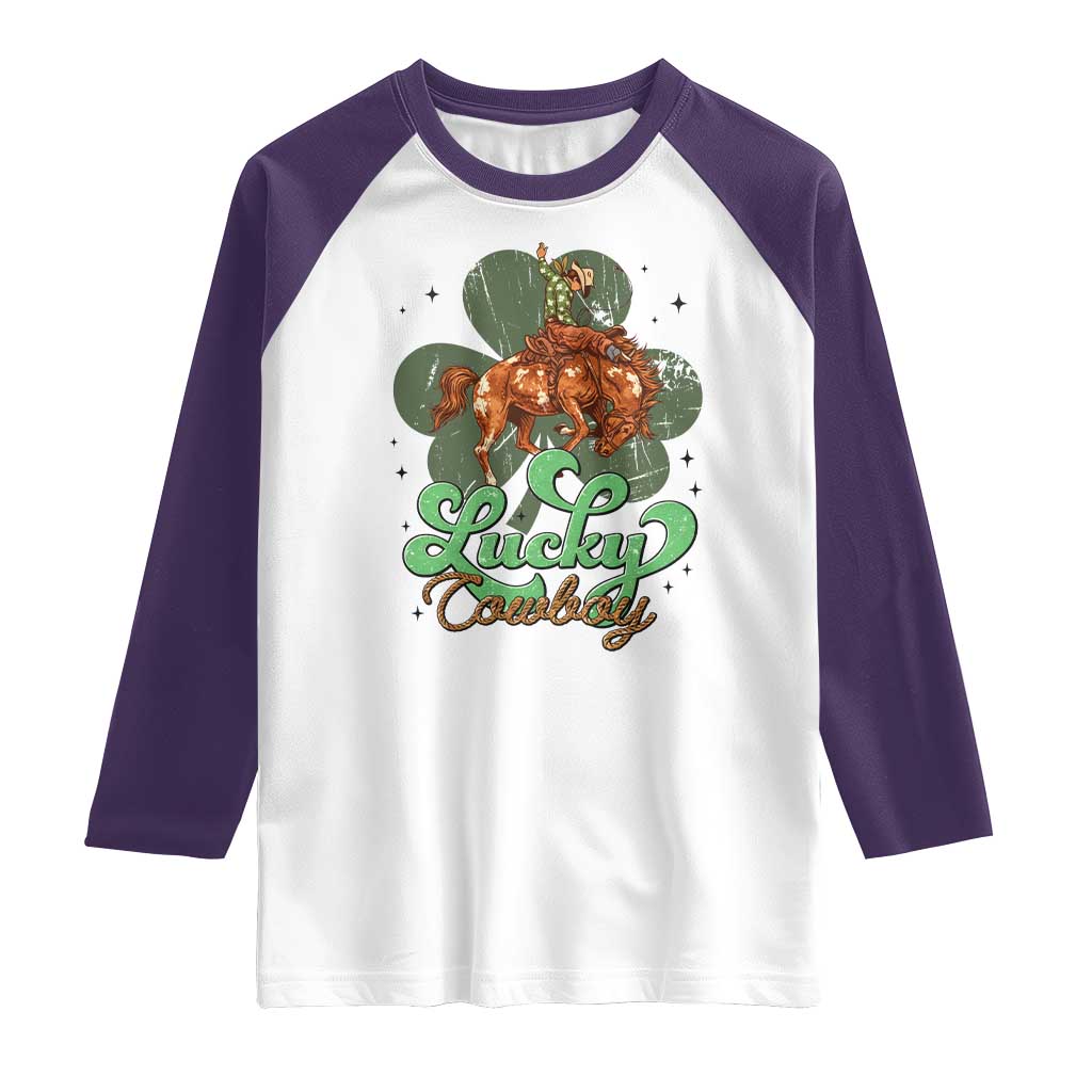 Lucky Cowboy Western Raglan Shirt Funny St Patrick's Day TS14 White Purple Print Your Wear