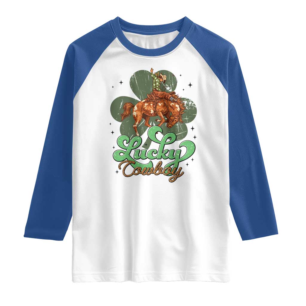 Lucky Cowboy Western Raglan Shirt Funny St Patrick's Day TS14 White Royal Print Your Wear