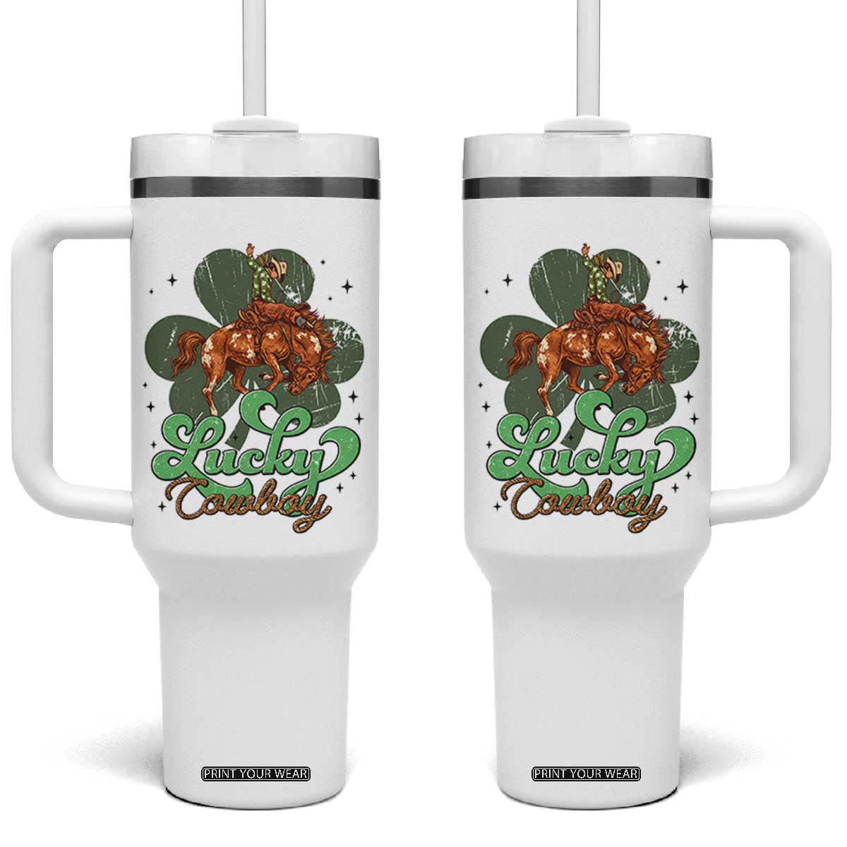 Lucky Cowboy Western Tumbler With Handle Funny St Patrick's Day TS14 One Size: 40 oz White Print Your Wear