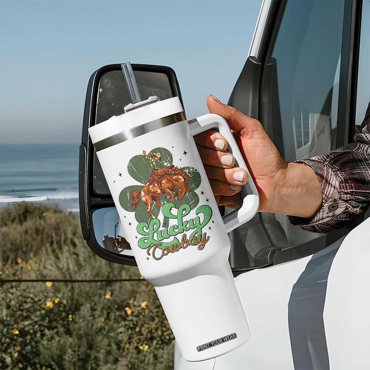 Lucky Cowboy Western Tumbler With Handle Funny St Patrick's Day TS14 Print Your Wear