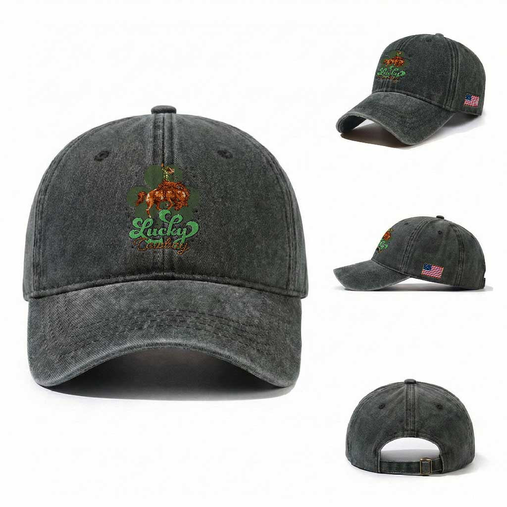 Lucky Cowboy Western Washed Cotton Baseball Cap Funny St Patrick's Day TS14 Washed Cap Universal Fit Dark Green Print Your Wear