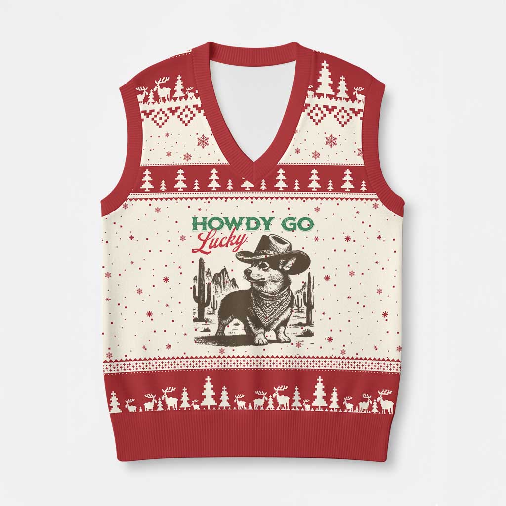 Howdy Go Lucky V-Neck Knit Sweater Vest Funny Corgi St Patrick's Day TS14 Beige Red Print Your Wear
