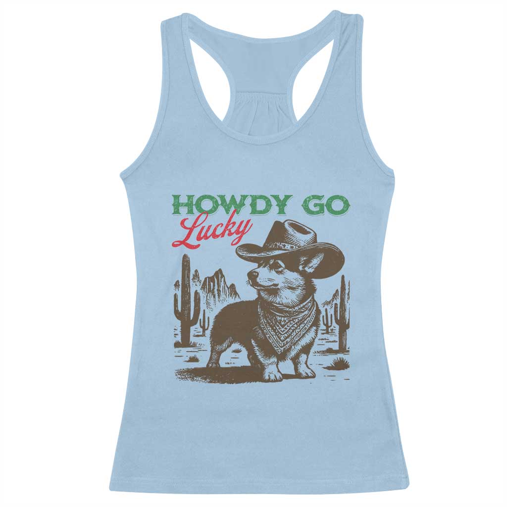 Howdy Go Lucky Racerback Tank Top Funny Corgi St Patrick's Day TS14 Light Blue Print Your Wear