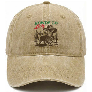 Howdy Go Lucky Washed Cotton Baseball Cap Funny Corgi St Patrick's Day TS14 Washed Cap Universal Fit Khaki Print Your Wear