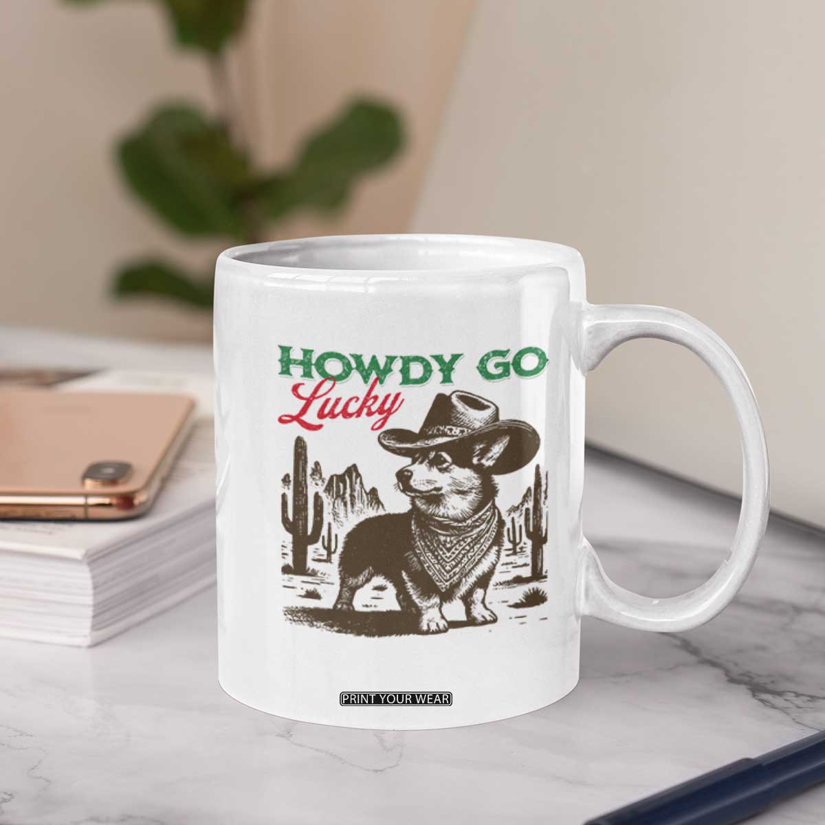 Howdy Go Lucky Coffee Mug Funny Corgi St Patrick's Day TS14 Print Your Wear