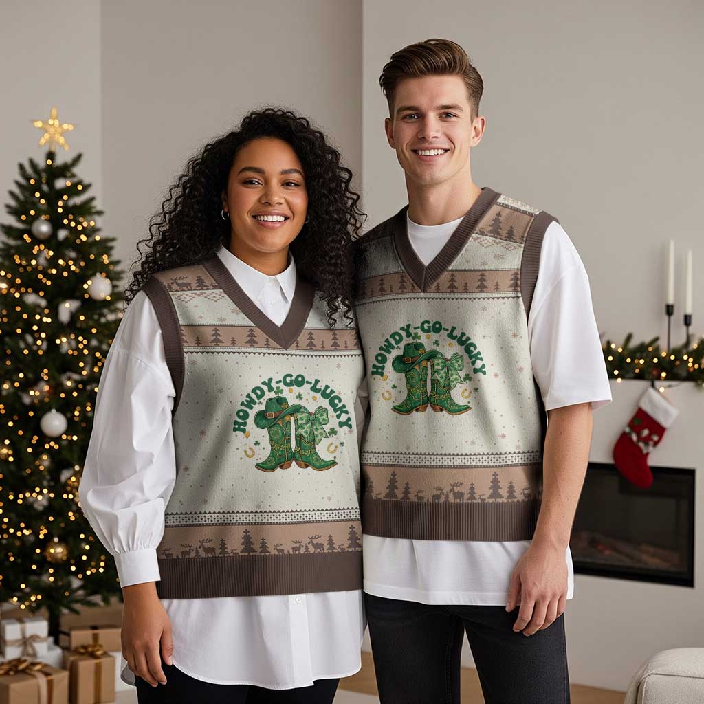 Howdy Go Lucky V-Neck Knit Sweater Vest Green Cowboy Boots St Patrick's Day TS14 Mocha Mousse Print Your Wear