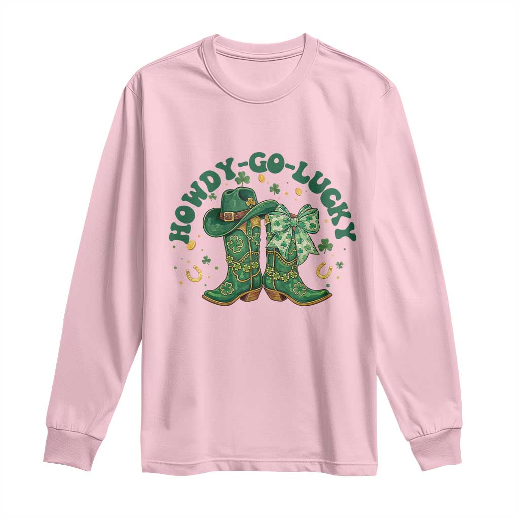 Howdy Go Lucky Long Sleeve Shirt Green Cowboy Boots St Patrick's Day TS14 Light Pink Print Your Wear