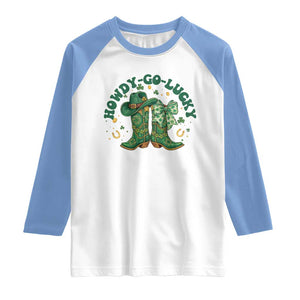 Howdy Go Lucky Raglan Shirt Green Cowboy Boots St Patrick's Day TS14 White Carolina Blue Print Your Wear