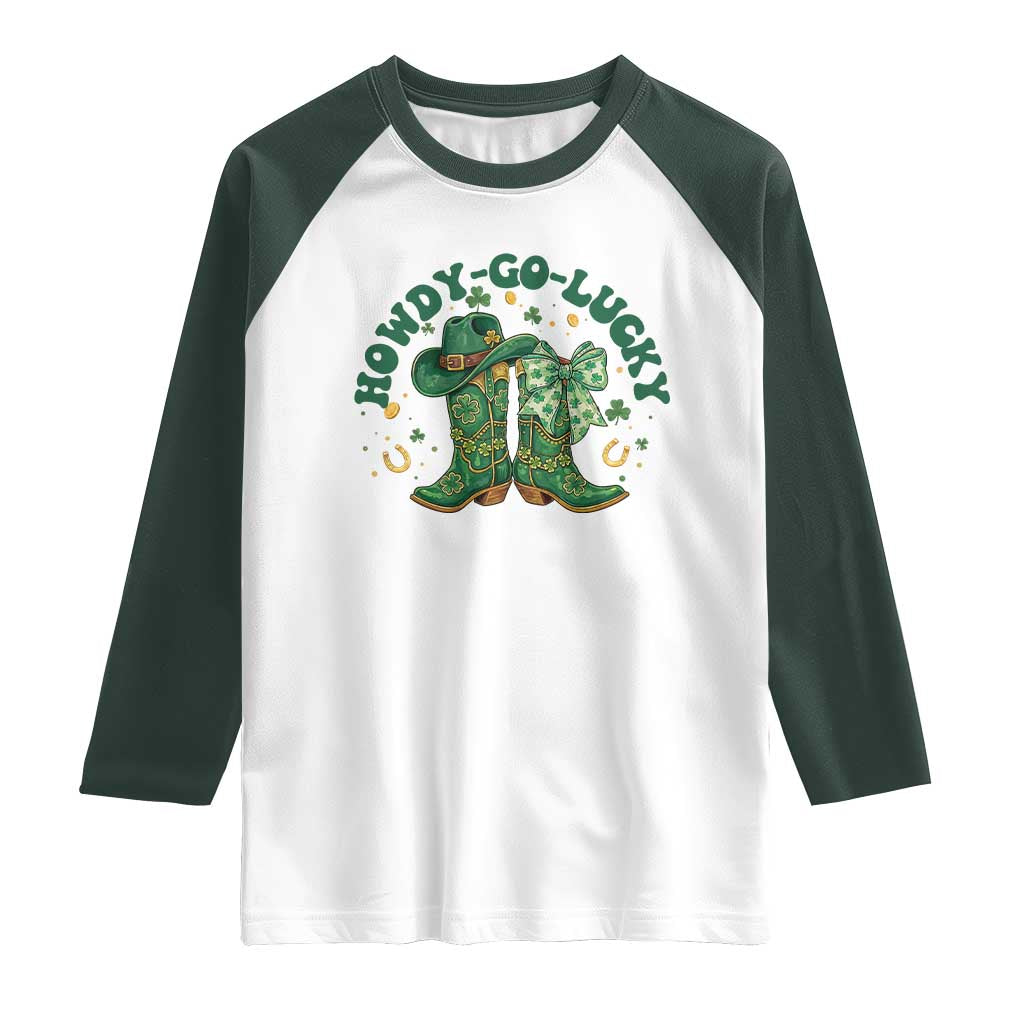 Howdy Go Lucky Raglan Shirt Green Cowboy Boots St Patrick's Day TS14 White Dark Forest Green Print Your Wear