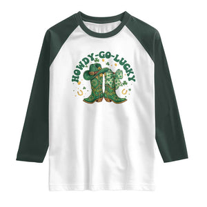 Howdy Go Lucky Raglan Shirt Green Cowboy Boots St Patrick's Day TS14 White Dark Forest Green Print Your Wear