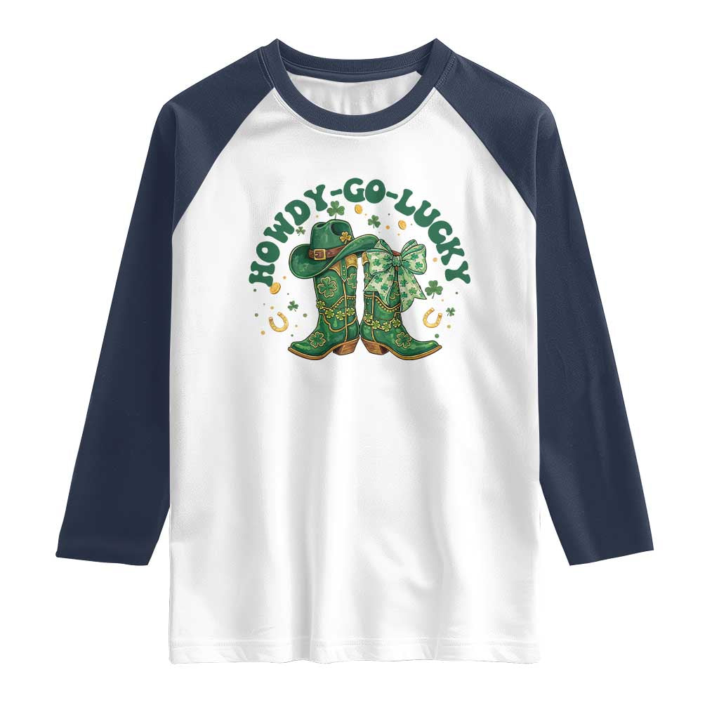 Howdy Go Lucky Raglan Shirt Green Cowboy Boots St Patrick's Day TS14 White Navy Print Your Wear