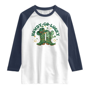 Howdy Go Lucky Raglan Shirt Green Cowboy Boots St Patrick's Day TS14 White Navy Print Your Wear