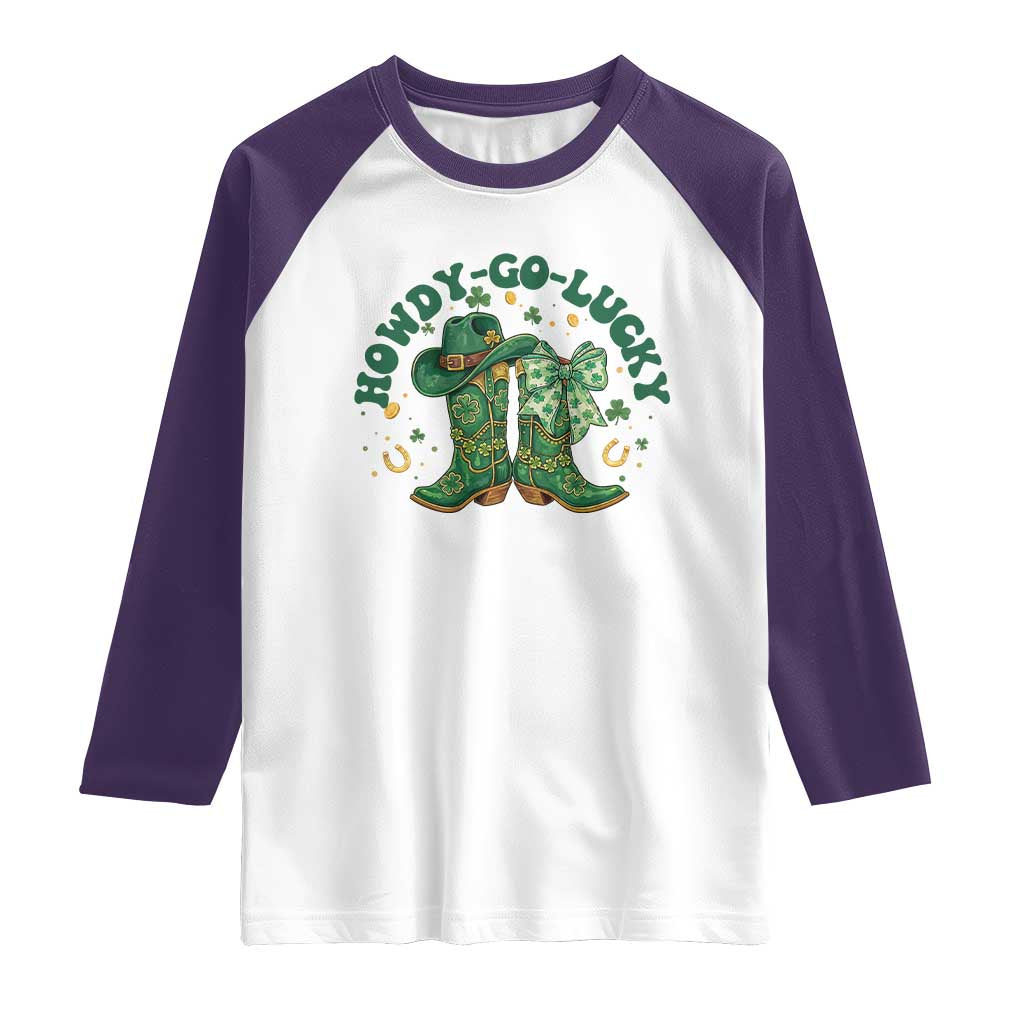 Howdy Go Lucky Raglan Shirt Green Cowboy Boots St Patrick's Day TS14 White Purple Print Your Wear