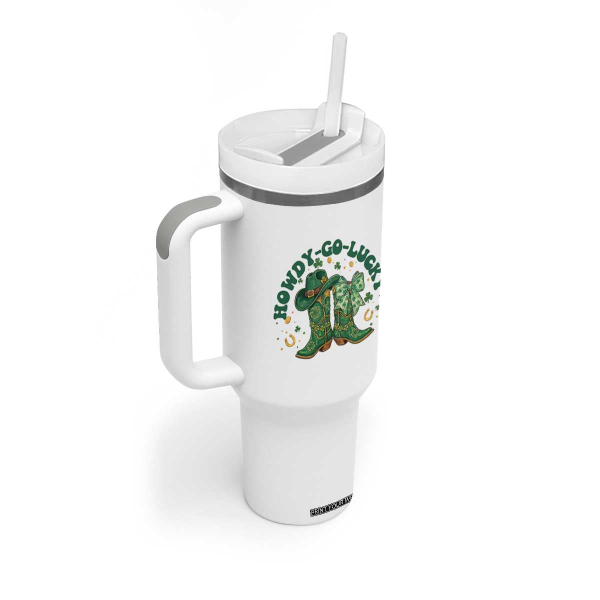 Howdy Go Lucky Tumbler With Handle Green Cowboy Boots St Patrick's Day TS14 Print Your Wear