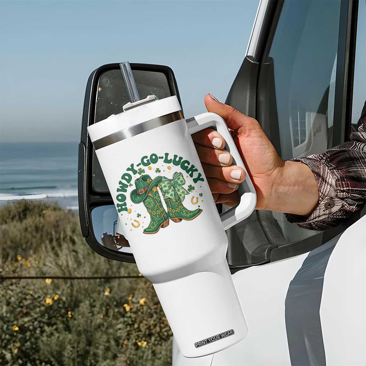 Howdy Go Lucky Tumbler With Handle Green Cowboy Boots St Patrick's Day TS14 Print Your Wear