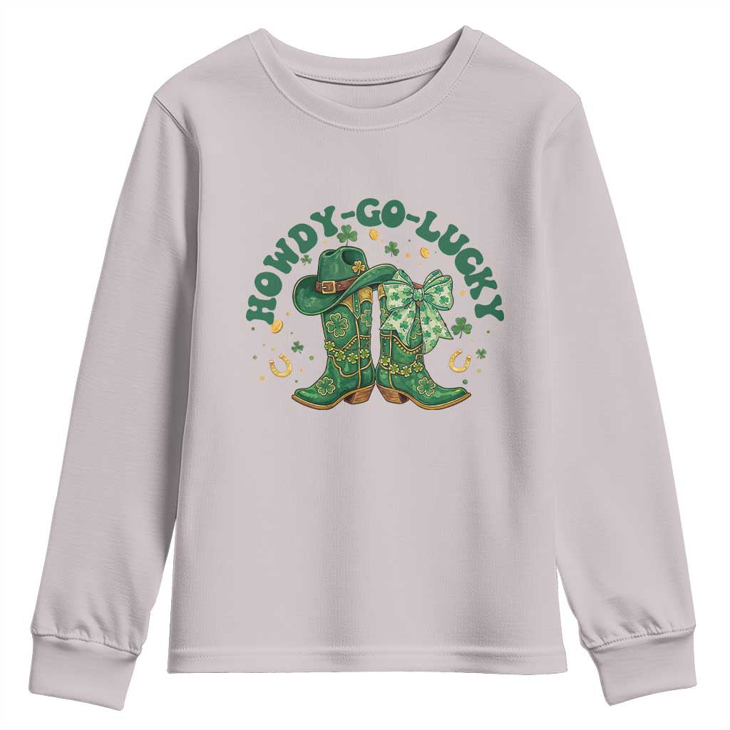 Howdy Go Lucky Youth Sweatshirt Green Cowboy Boots St Patrick's Day TS14 Ice Gray Print Your Wear