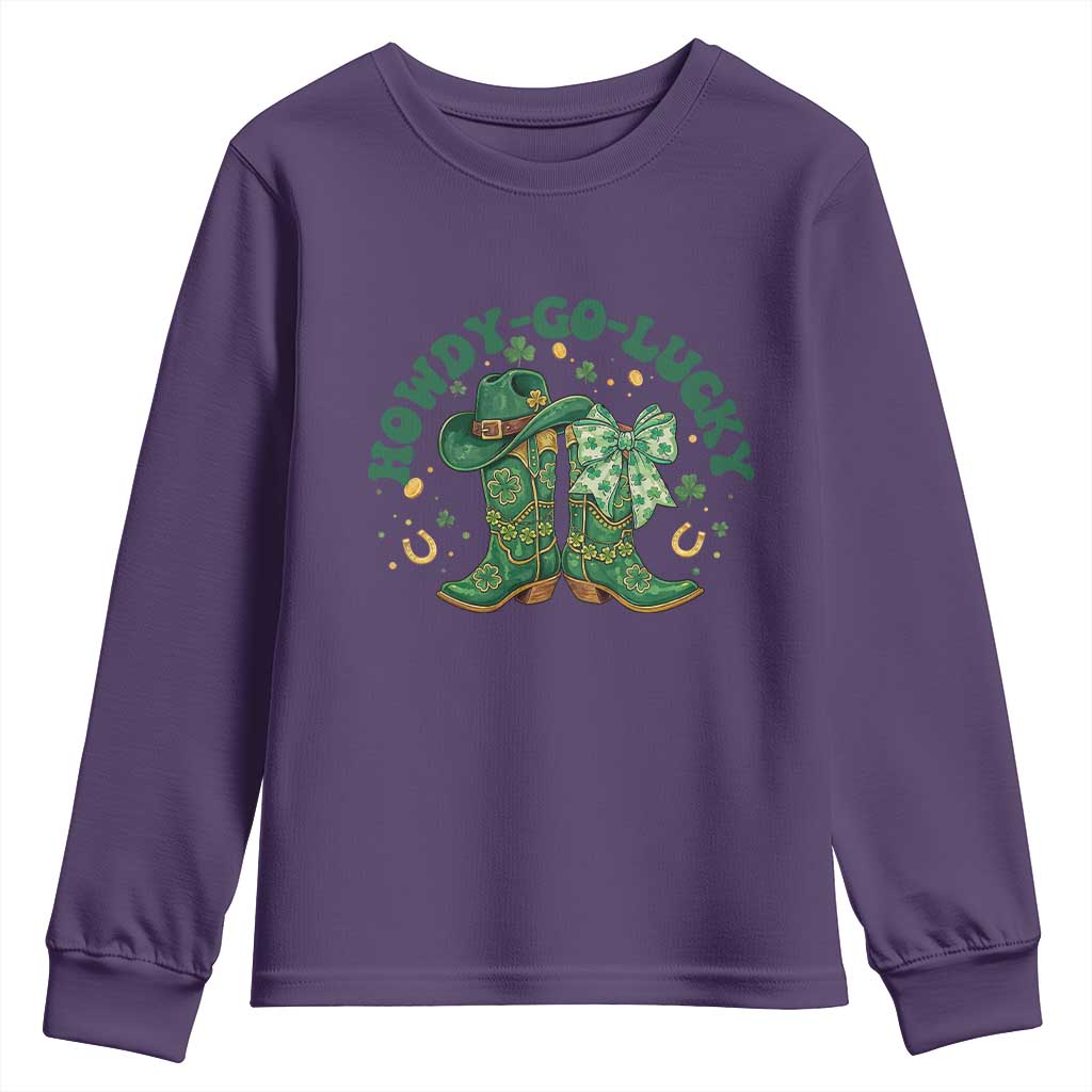 Howdy Go Lucky Youth Sweatshirt Green Cowboy Boots St Patrick's Day TS14 Purple Print Your Wear