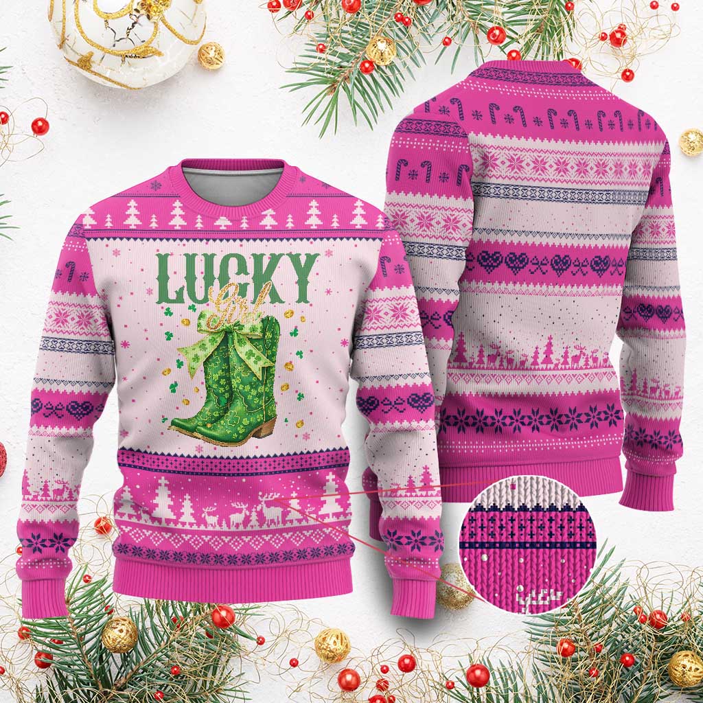Cowboy St Patrick's Day Ugly Christmas Sweater Lucky Girl Boots TS14 Hot Pink Print Your Wear