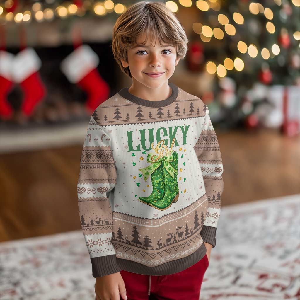 Cowboy St Patrick's Day Ugly Christmas Sweater Lucky Girl Boots TS14 Mocha Mousse Print Your Wear