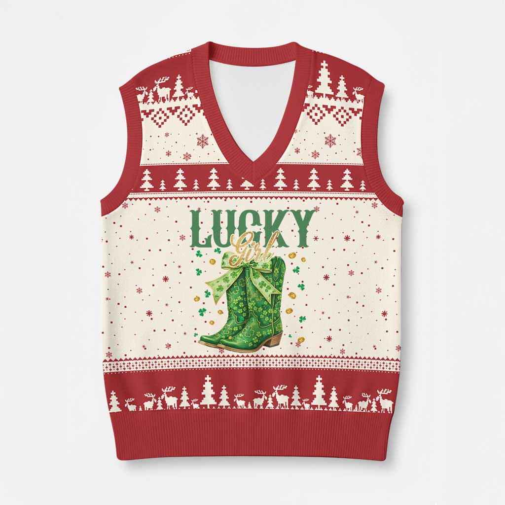 Cowboy St Patrick's Day V-Neck Knit Sweater Vest Lucky Girl Boots TS14 Beige Red Print Your Wear