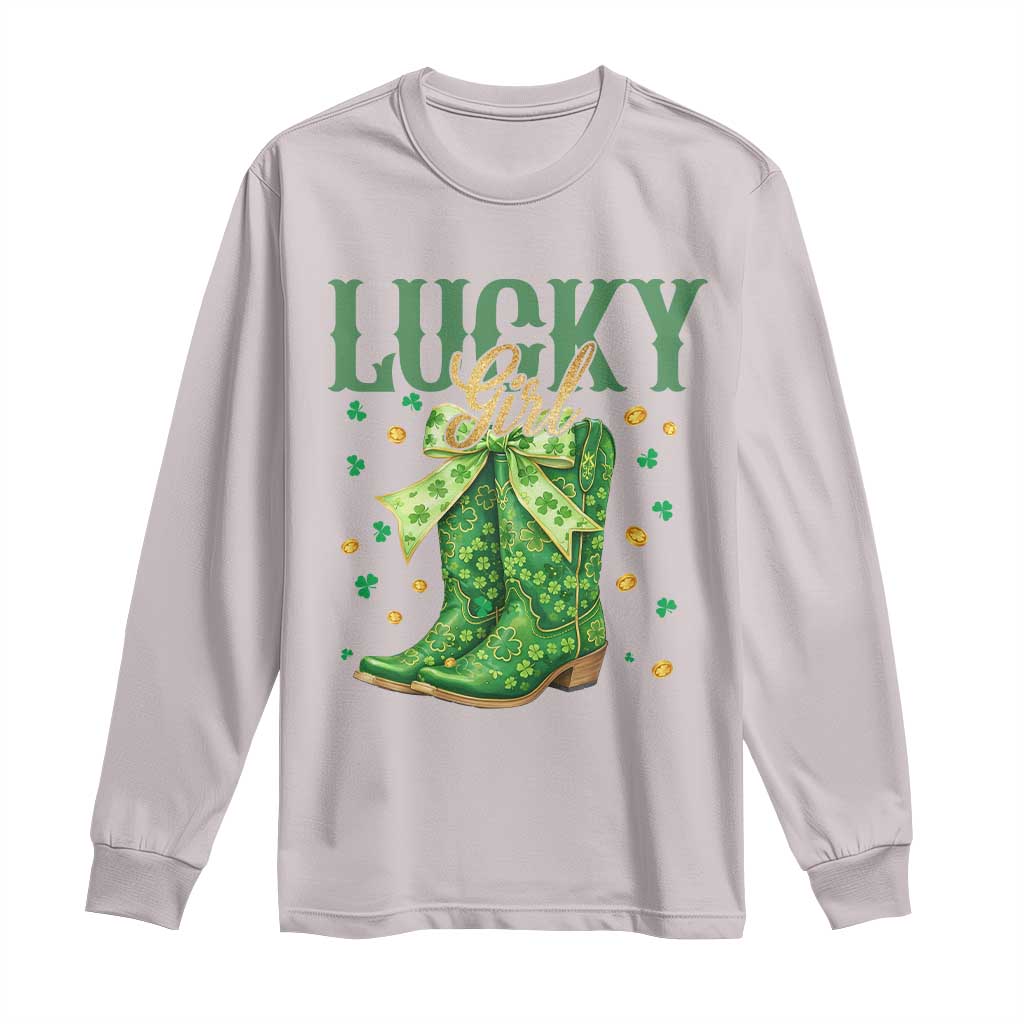 Cowboy St Patricks Day Long Sleeve Shirt - Lucky Girl Boots TS14 Ice Gray Print Your Wear