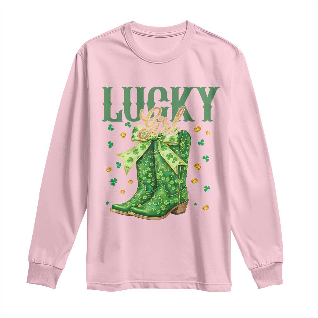 Cowboy St Patricks Day Long Sleeve Shirt - Lucky Girl Boots TS14 Light Pink Print Your Wear
